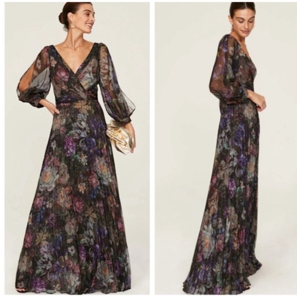 Marchesa Notte Metallic Floral Pleated Gown